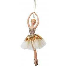 Χριστουγεννιάτικη Κεραμική Μπαλαρίνα με Φόρεμα με Χρυσές Πούλιες (17cm) 